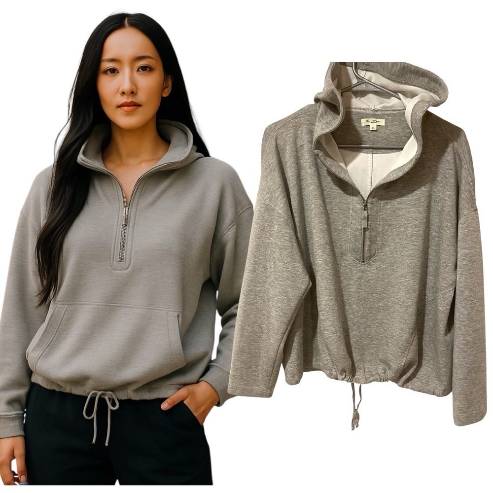 Max Studio Light Gray Quarter Zip Hoodie Sweatshirt – XL